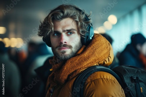 A man waiting in line at an airport, his face calm and indifferent as others around him show signs of impatience and frustration