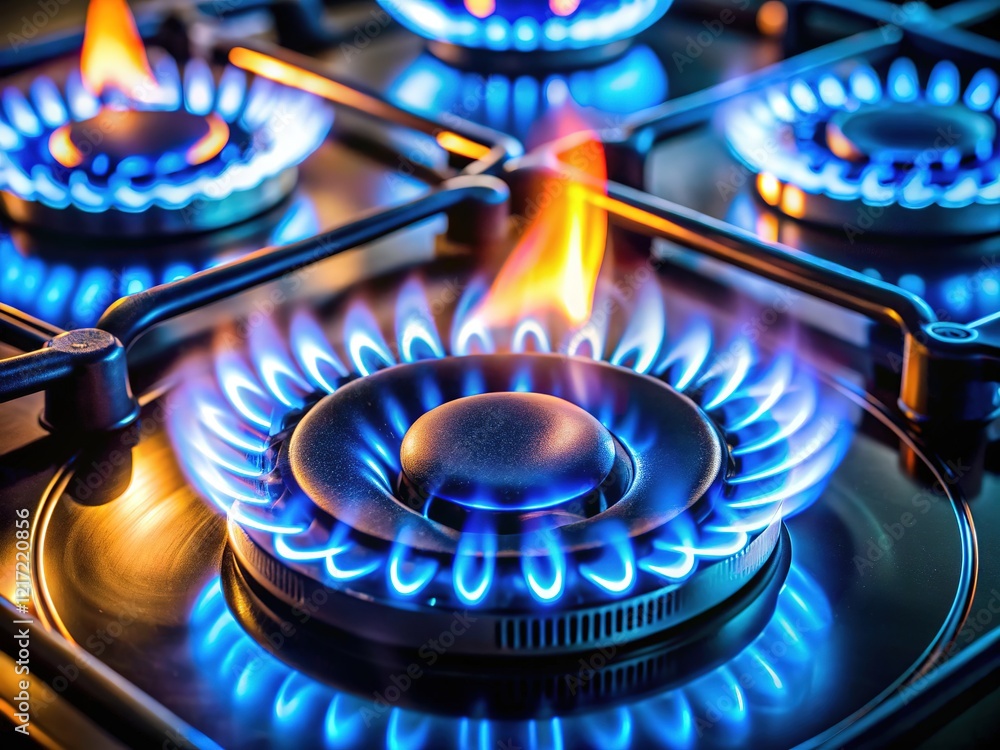 Dimly lit kitchen, showcasing a blue gas stove. Dimly lit kitchen, showcasing a blue gas stove.