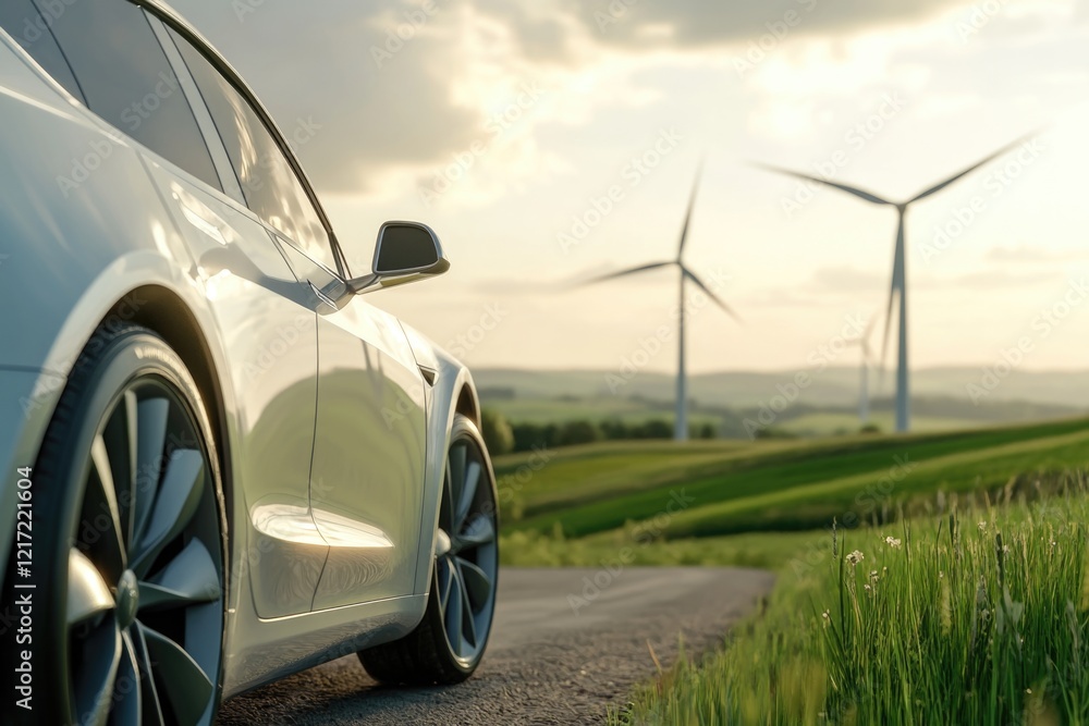 Fototapeta premium White car on road with wind turbines