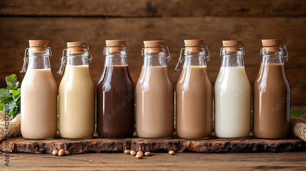 A variety of soy milk drinks in glass bottles on a wooden table, including flavors like vanilla and chocolate A variety of soy milk drinks in glass bottles on a wooden table, including flavors like vanilla and chocolate
