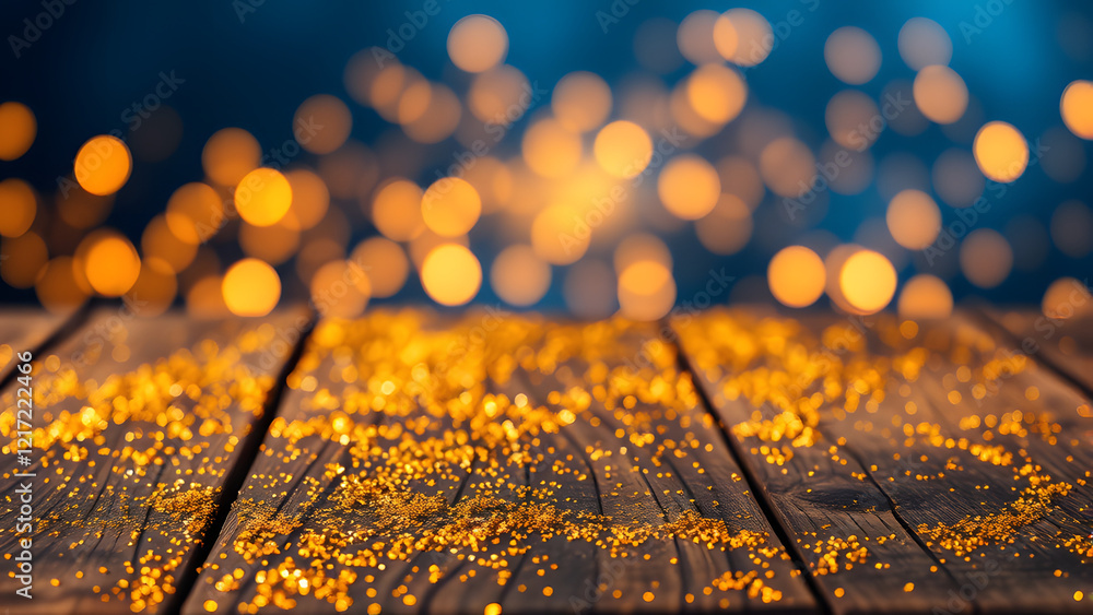 Obraz premium Golden Christmas lights create a warm, bokeh-filled backdrop against a rustic wooden table, evoking a vintage, cozy atmosphere