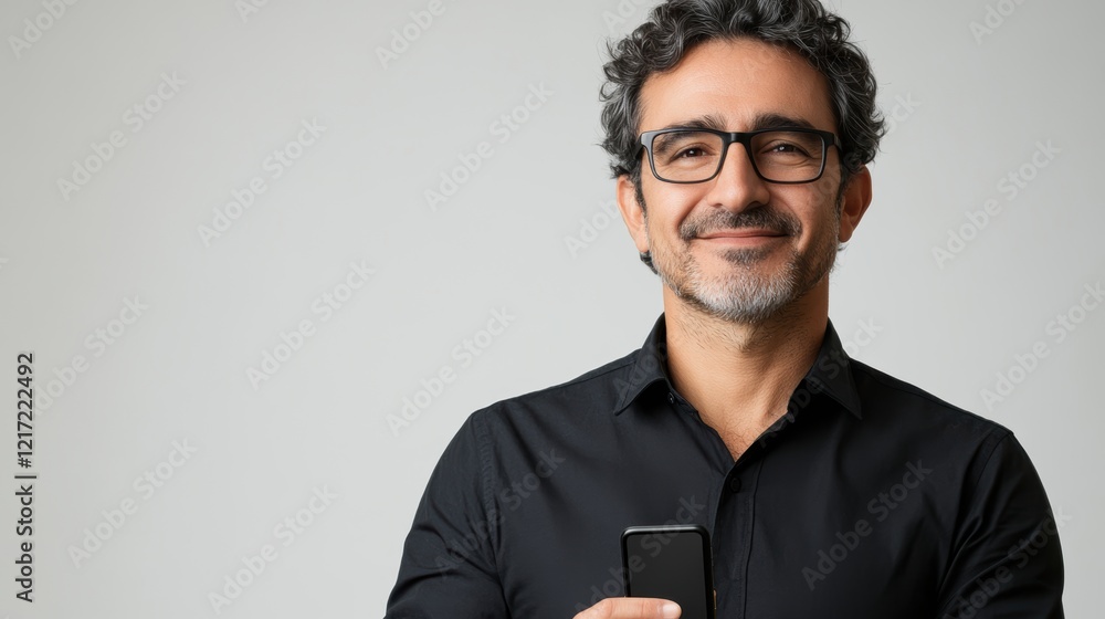 Confident Man in Black Shirt Holding a Smartphone Confident Man in Black Shirt Holding a Smartphone