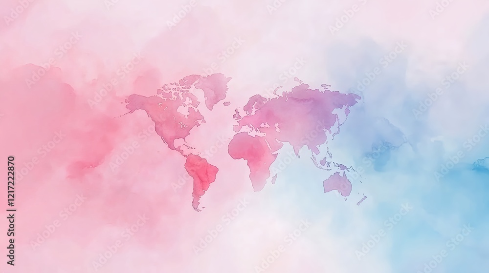 Obraz premium Serene Watercolor World Map in Soft Sapphire and Pale Violet Shades
