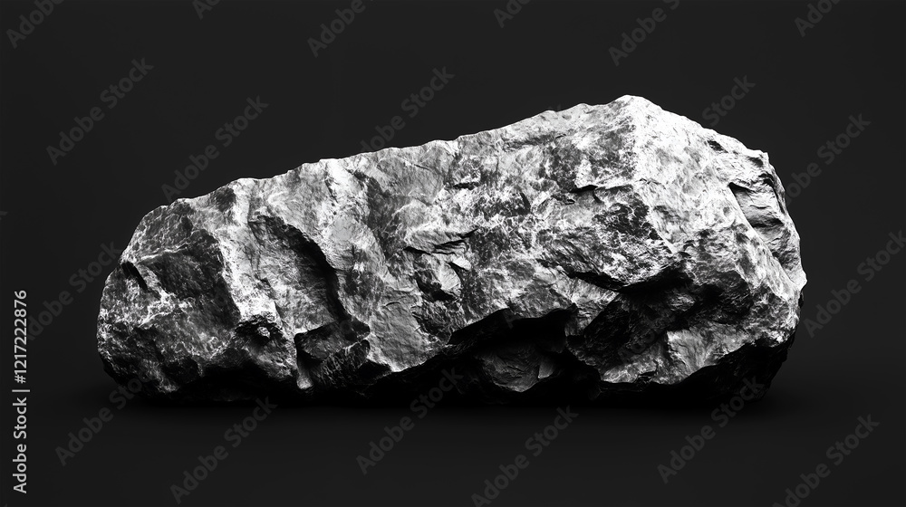 Fototapeta premium Large grey stone isolated on black background, textured rock, geological specimen, rough surface, isolated rock, natural stone, nature, geology, earth science, mineral, boulder, rock formation.