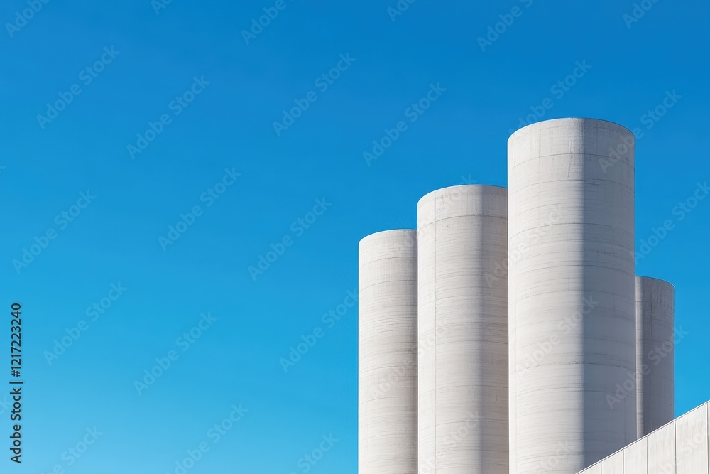 Sleek Modern Cement Factory Silos Against a Vivid Blue Sky, Showcasing Advanced Industrial Design and Technology Sleek Modern Cement Factory Silos Against a Vivid Blue Sky, Showcasing Advanced Industrial Design and Technology