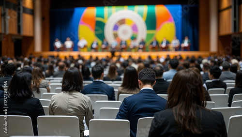 Wallpaper Mural Audience attending a conference in a large auditorium listening to speakers on stage Torontodigital.ca