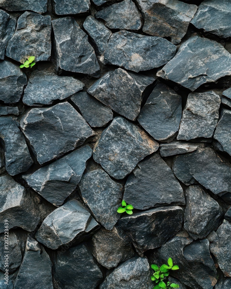 A textured wall of dark stones with small green plants peeking through, showcasing a blend of natural elements and structured design. A textured wall of dark stones with small green plants peeking through, showcasing a blend of natural elements and structured design.