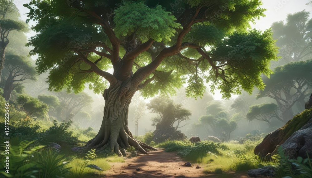 Fototapeta premium A beautiful green tree with a robust trunk and leaves thrives in a natural environment surrounded by vibrant vegetation , nature, green, tree