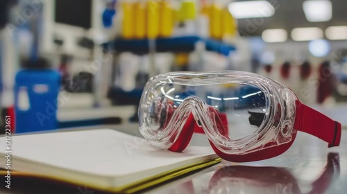 Conducting Experiments Lab Notebooks and Safety Goggles on Steel Table Laboratory Equipment Indoor Close-Up Science