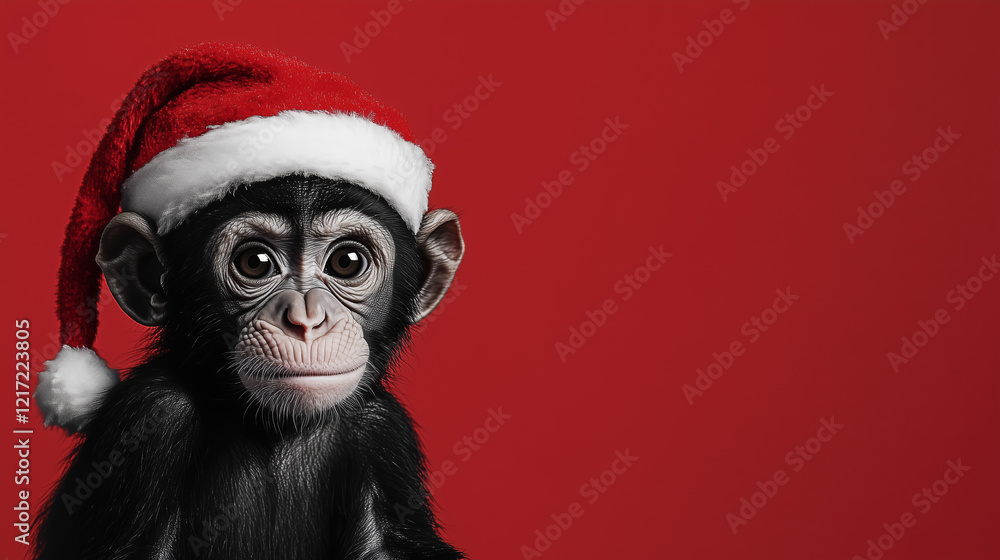 A monkey in a New Year's hat on a red background. A banner with space for the text. A monkey in a New Year's hat on a red background. A banner with space for the text.