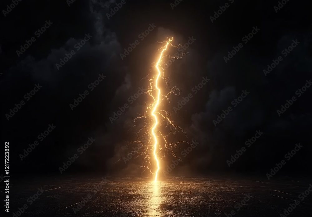 Obraz premium A lightning bolt striking in the center of an empty black background, illuminating it with yellow light.