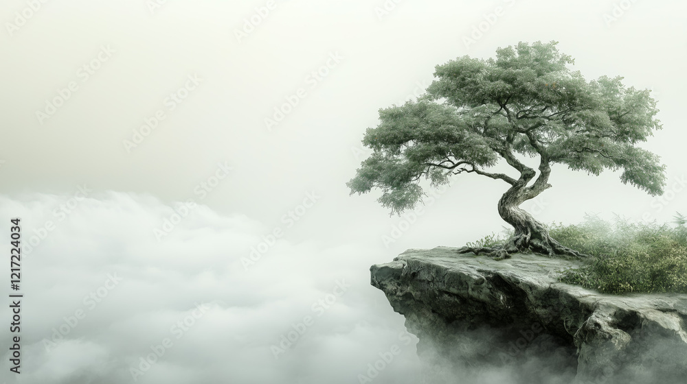 A solitary tree perched on the edge of a cliff, surrounded by dense fog, creating a serene and dramatic atmosphere. A solitary tree perched on the edge of a cliff, surrounded by dense fog, creating a serene and dramatic atmosphere.