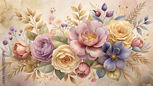 Wallpaper Mural Watercolor floral background, gold, pink, and lavender flowers symbolizing growth and resilience in the fight against childhood cancer Torontodigital.ca