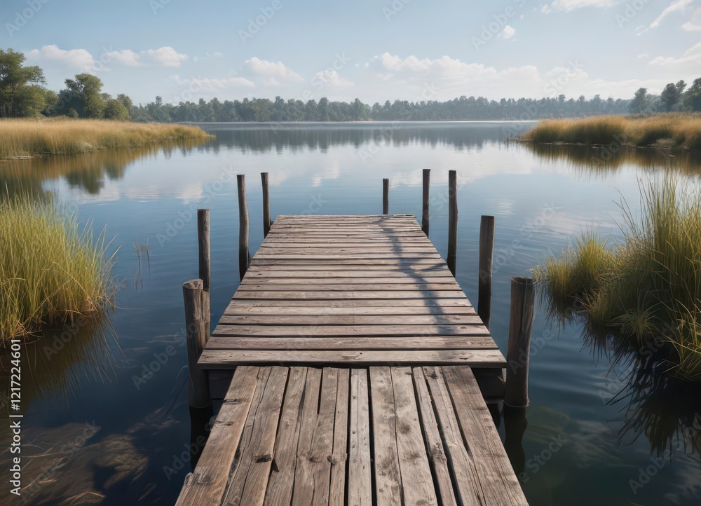 Fototapeta premium Abandoned wooden dock on a lake, weathered planks and reeds, waterfront, water, lake