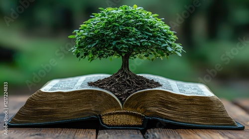Small tree growing from an open ancient book