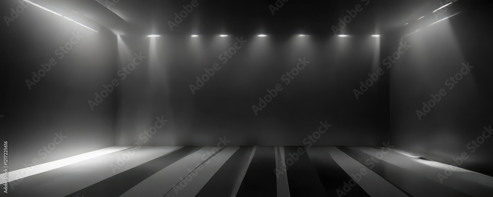 Obraz premium Gradient black and dark grey stripes on a background with single spotlight shining bright at center, focus, abstract