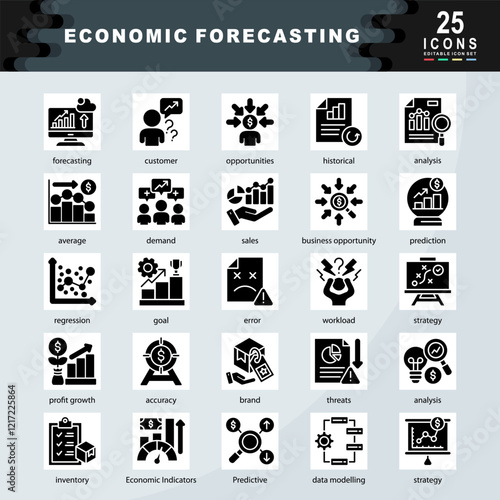 Economic Forecasting icon set containing forecasting, customer, historical, analysis, average, demand, sales, business opportunity, prediction, regression, goal icon. Simple glyph vector