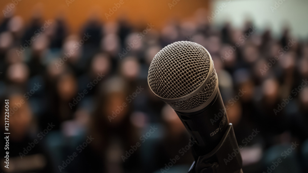 captivating public speaking microphone in focus amid blurred audience for impactful presentations, speeches, and conferences with high-quality audio equipment captivating public speaking microphone in focus amid blurred audience for impactful presentations, speeches, and conferences with high-quality audio equipment