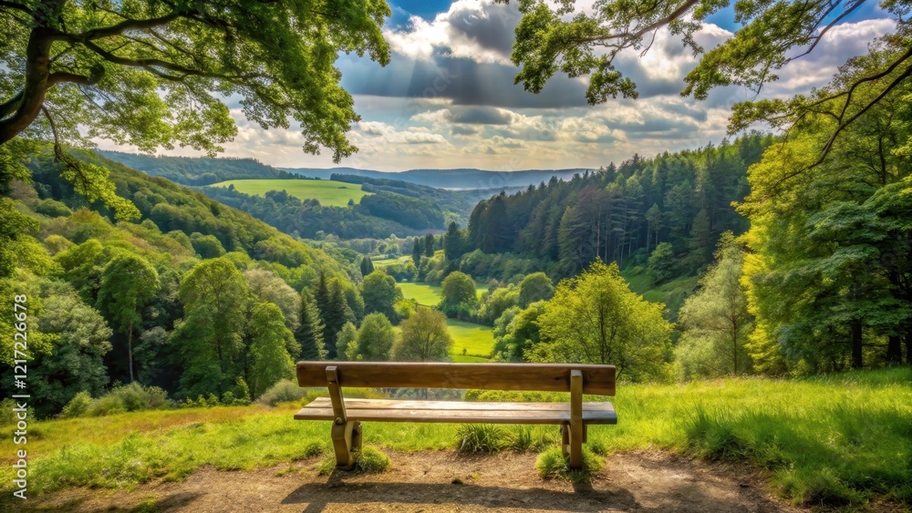 A serene landscape of Dart Valley from a wooden bench perched on the edge of a woodland clearing surrounded by tall trees and lush greenery, Bench, Forest A serene landscape of Dart Valley from a wooden bench perched on the edge of a woodland clearing surrounded by tall trees and lush greenery, Bench, Forest