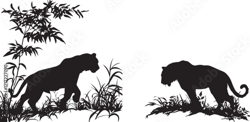 Silhouette of a tiger stalking through the jungle vector illustration