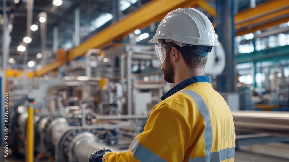 Industrial Worker Observing a Complex Manufacturing Process in a Large-Scale Plant Industrial Worker Observing a Complex Manufacturing Process in a Large-Scale Plant