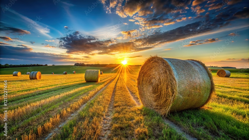 Long exposure captures a summer field's golden hay. Long exposure captures a summer field's golden hay.