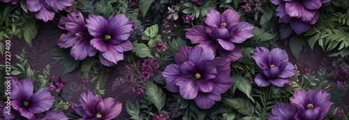 A large scale seamless purple floral wallpaper with abstract shapes and lush greenery,  interior design,  floral