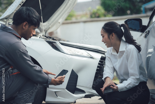 Car Accident Assessment: A concerned female driver and a male mechanic carefully examine the damage to a car's front bumper after a minor accident. photo