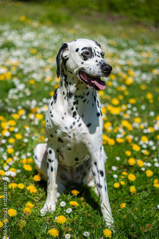 Dalmatian dog sitting on a lawn among blooming dandelions and daisies Dalmatian dog sitting on a lawn among blooming dandelions and daisies