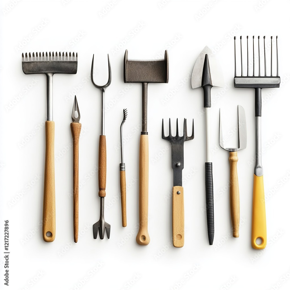 Fototapeta premium A set of miniature gardening tools on a gray background. Plant care utensils: shovel, spade, rake. Small garden tool for home and garden plants. Spring time. Copy space. Artificial noise
