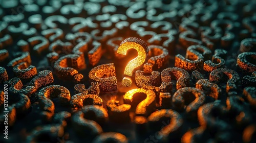 Intriguingly arranged question marks highlight a standout luminous symbol. photo