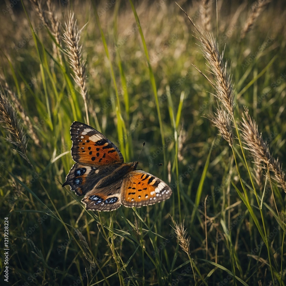 A butterfly in a meadow with tall grass swaying gently in the breeze. A butterfly in a meadow with tall grass swaying gently in the breeze.