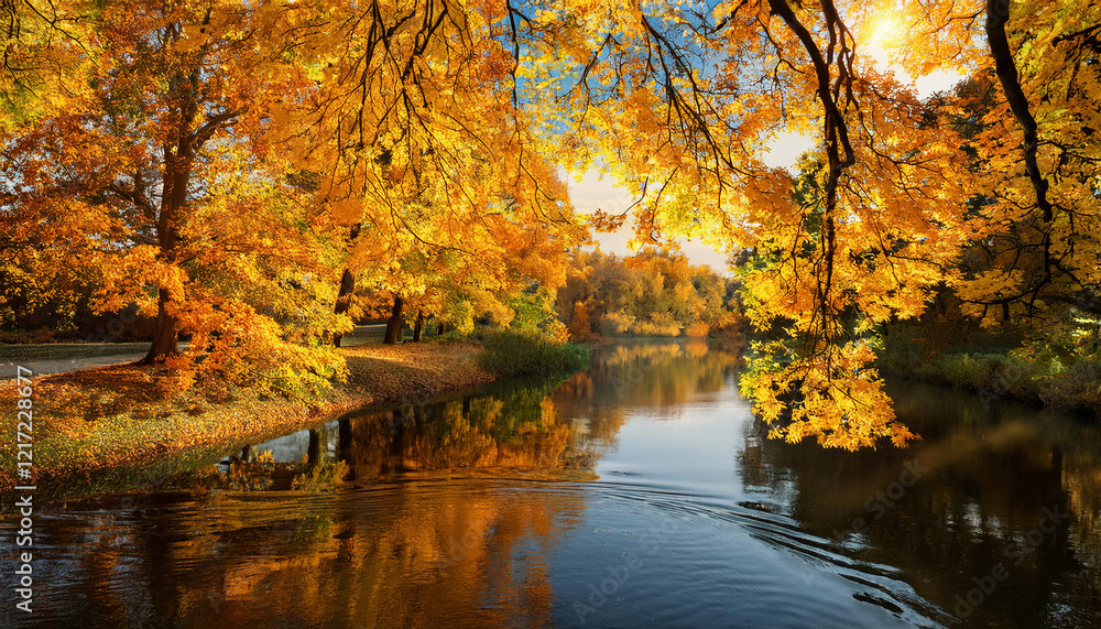 Autumn leaves in vibrant shades of gold and orange overhang a calm river, their reflection mirrored in the still water. Autumn leaves in vibrant shades of gold and orange overhang a calm river, their reflection mirrored in the still water.