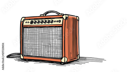 Retro vintage bass amplifier and speaker box isolated, doodle art, with white tones