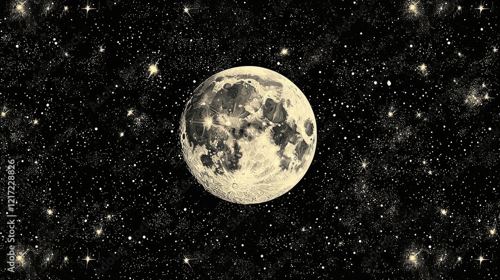 Obraz premium Full Moon Shining Brightly Among Numerous Stars
