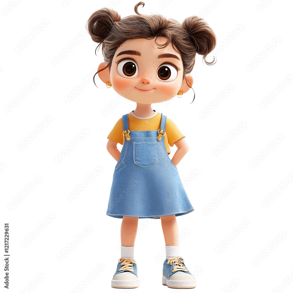 A cute cartoon character in a denim pinafore dress, paired with a t-shirt and sneakers, standing on a white background A cute cartoon character in a denim pinafore dress, paired with a t-shirt and sneakers, standing on a white background