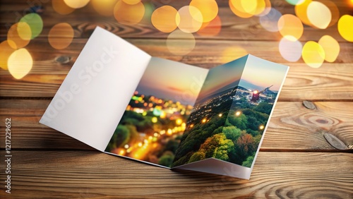 Modern brochure mockup, showcased on rustic wood.  Impress.