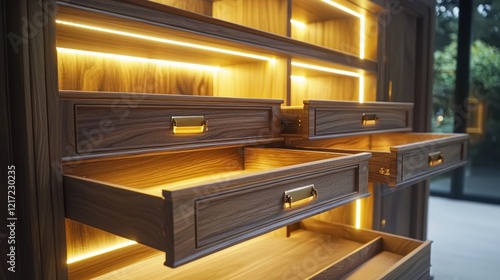 A softly lit bespoke wooden cabinet with open drawers.