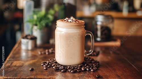 A mason jar filled with a frothy soy milk latte on a wooden counter, surrounded by coffee beans and a small plant photo