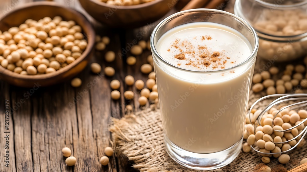 A glass of creamy soy milk topped with a sprinkle of cinnamon and placed on a wooden table with ingredients like soybeans and a whisk nearby A glass of creamy soy milk topped with a sprinkle of cinnamon and placed on a wooden table with ingredients like soybeans and a whisk nearby