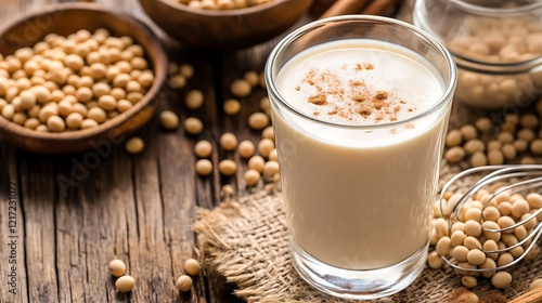 A glass of creamy soy milk topped with a sprinkle of cinnamon and placed on a wooden table with ingredients like soybeans and a whisk nearby photo