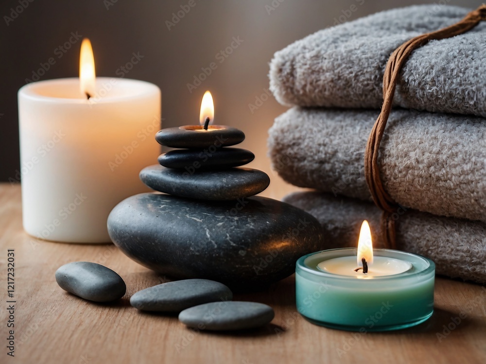Photograph of Aromatherapy Candles and Spa Stones Creating a Calming Atmosphere Photograph of Aromatherapy Candles and Spa Stones Creating a Calming Atmosphere