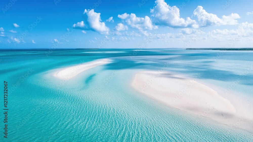 Obraz premium A stunning aerial view of a tropical island with pristine white sand beaches, turquoise waters, and a clear blue sky.