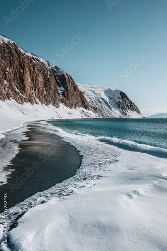 Wallpaper Mural A pristine, untouched beach in the Arctic, with icy waters lapping against snow-dusted sands, surrounded by rugged cliffs and a cold, clear sky Torontodigital.ca