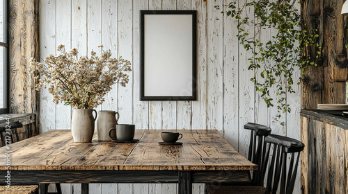 Rustic Farmhouse Interior Mockup:  A charming and inviting rustic farmhouse dining area with a rustic wooden table, black chairs, a vase of dried flowers, a cup of coffee, and a framed mockup.