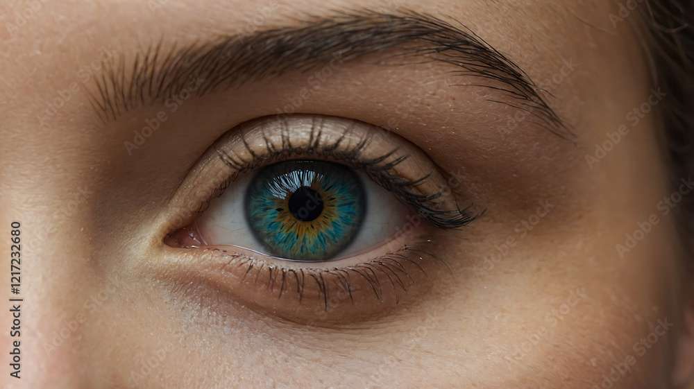 Naklejka premium Hyper-Realistic Close-Up of a Human Eye with Unique Blue and Gold Sunburst Iris and Stunning Details for Beauty and Artistic Concepts