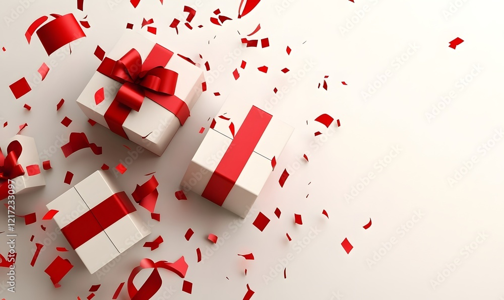 White gifts, red ribbons, confetti, celebration, background, studio, festive White gifts, red ribbons, confetti, celebration, background, studio, festive