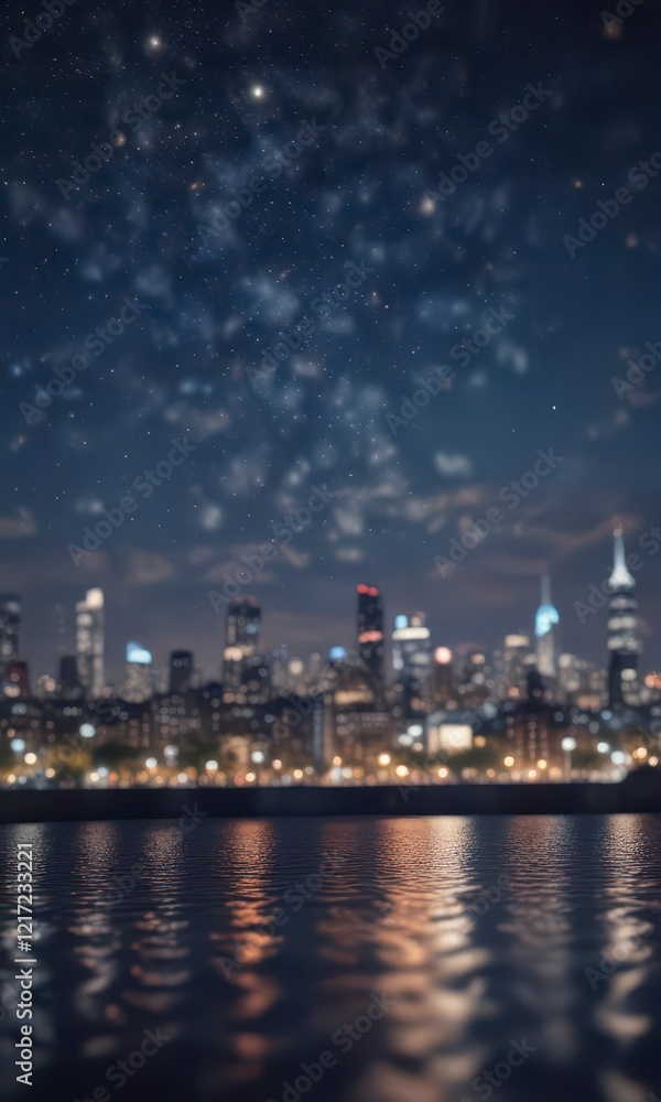 Fototapeta premium Circular bokeh of city lights against a deep blue sky, abstract, blue background, blurred