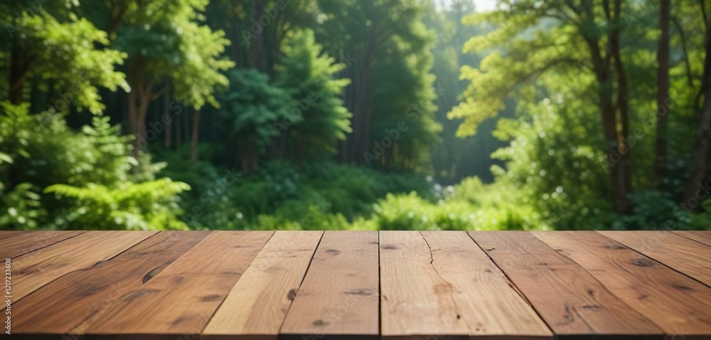 Elevated view of wood table against lush green bokeh forest backdrop, view, natural, wood, forest, backdrop Elevated view of wood table against lush green bokeh forest backdrop, view, natural, wood, forest, backdrop