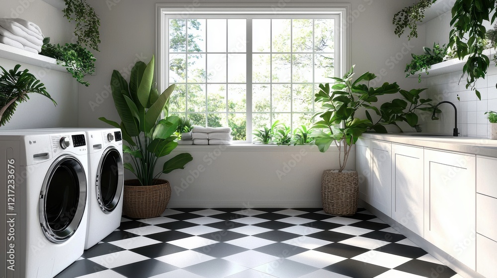 Lush greenery adds a refreshing touch to this stylish laundry area.
